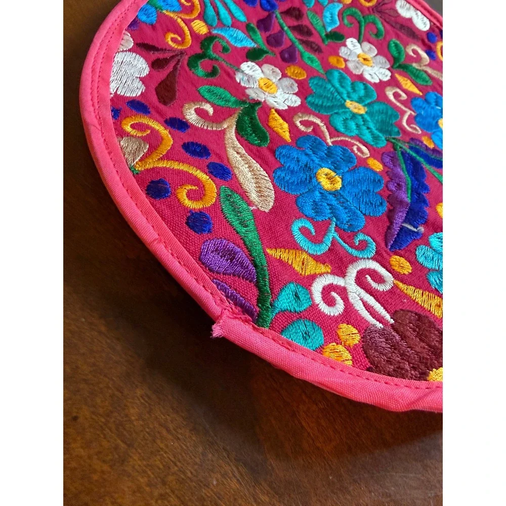 Mexican Hand Embroidered Floral Tortilla Warmer Pouch Pink Round Boho